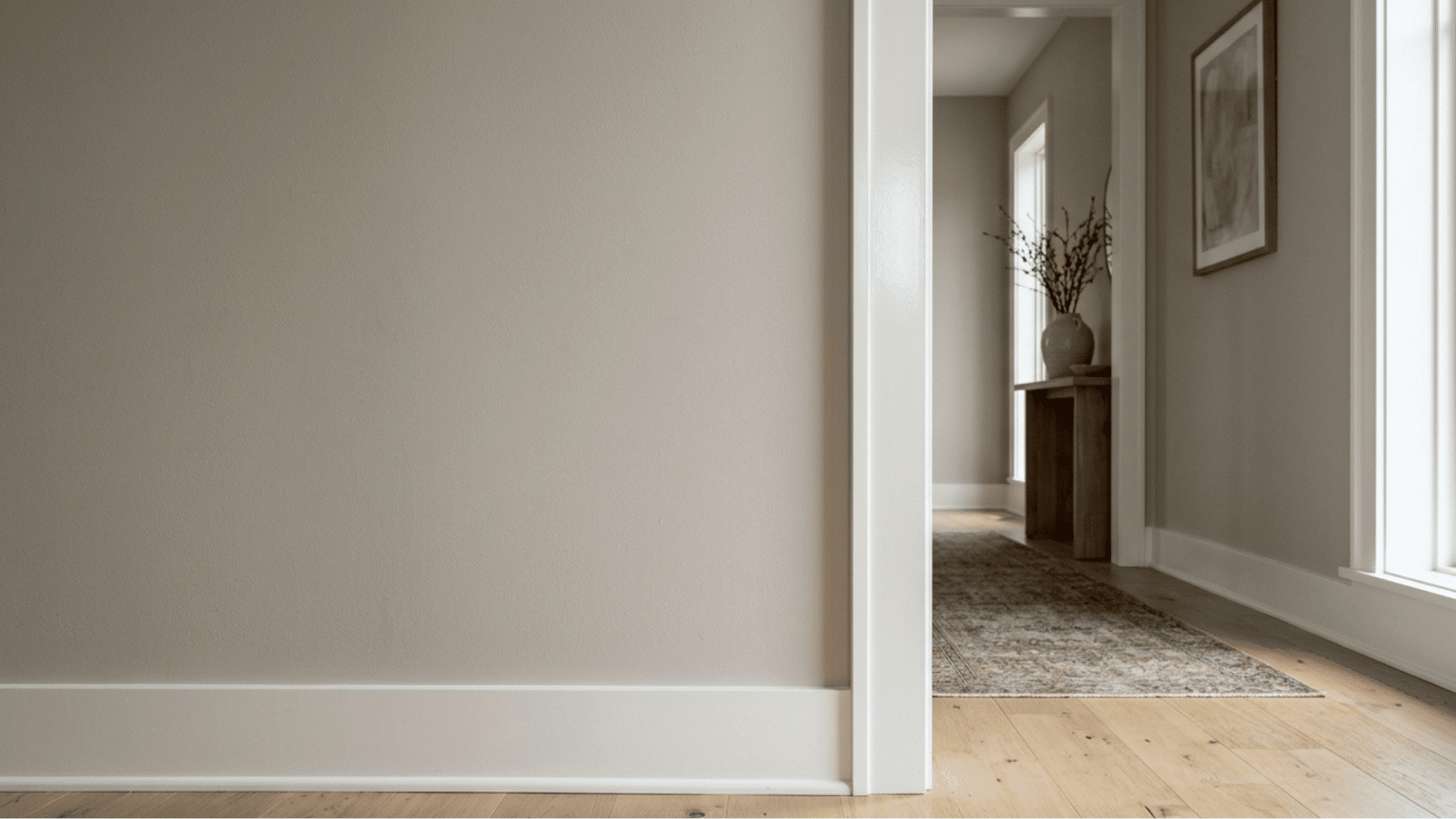 empty interior room showing clean wall trim contrast, doorway, wooden flooring, and neutral decor