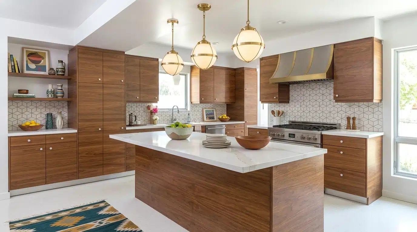 Stylish kitchen interior with walnut cabinetry, emphasizing a cozy and sophisticated atmosphere.