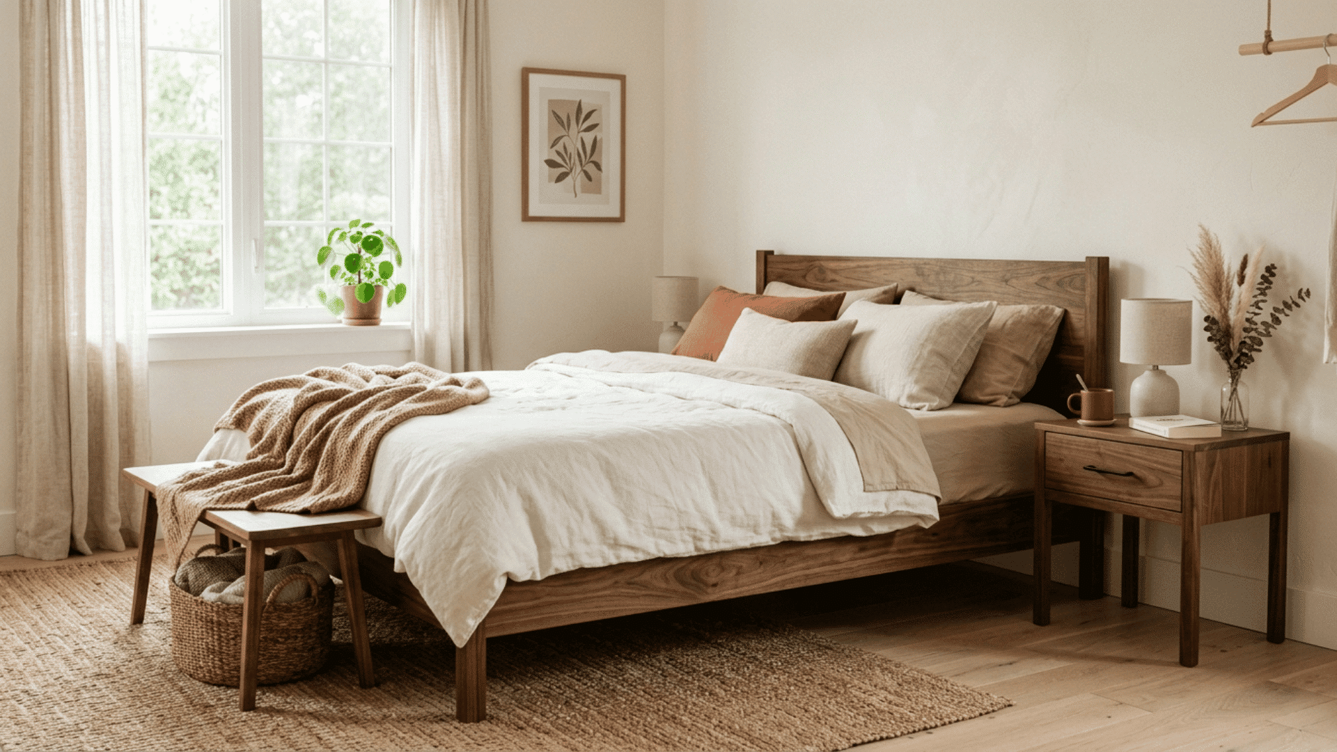 walnut wood nightstand and bed frame styled in a warm cozy bedroom with natural light