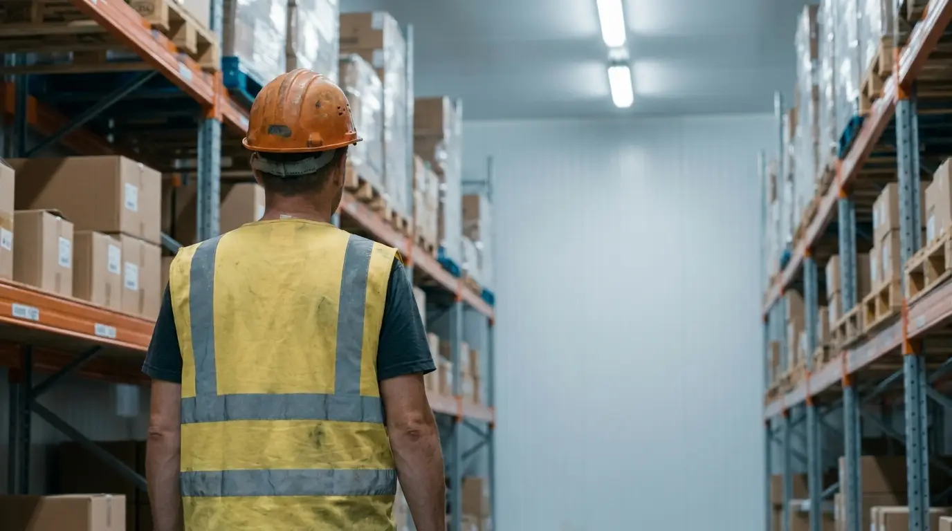 Worker in hard hat and safety vest walking through an industrial warehouse aisle