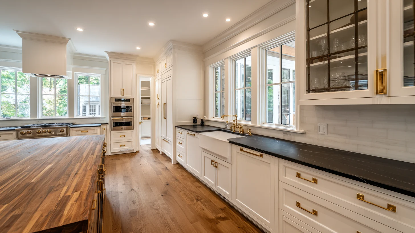 Warm kitchen with white cabinets, black countertops, brass hardware, a butcher block island, and large windows that bring in natural light.
