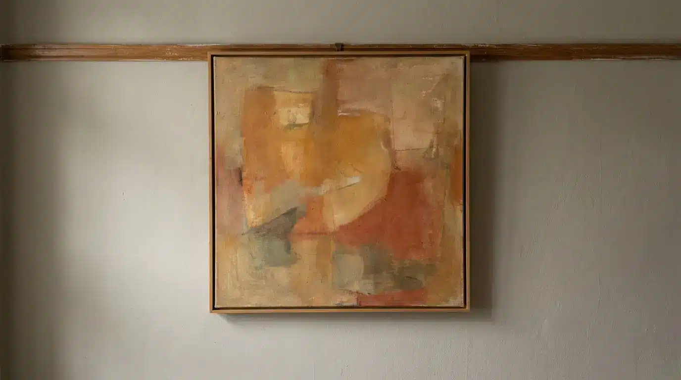 Abstract painting with warm earthy tones hanging on a minimalist beige wall