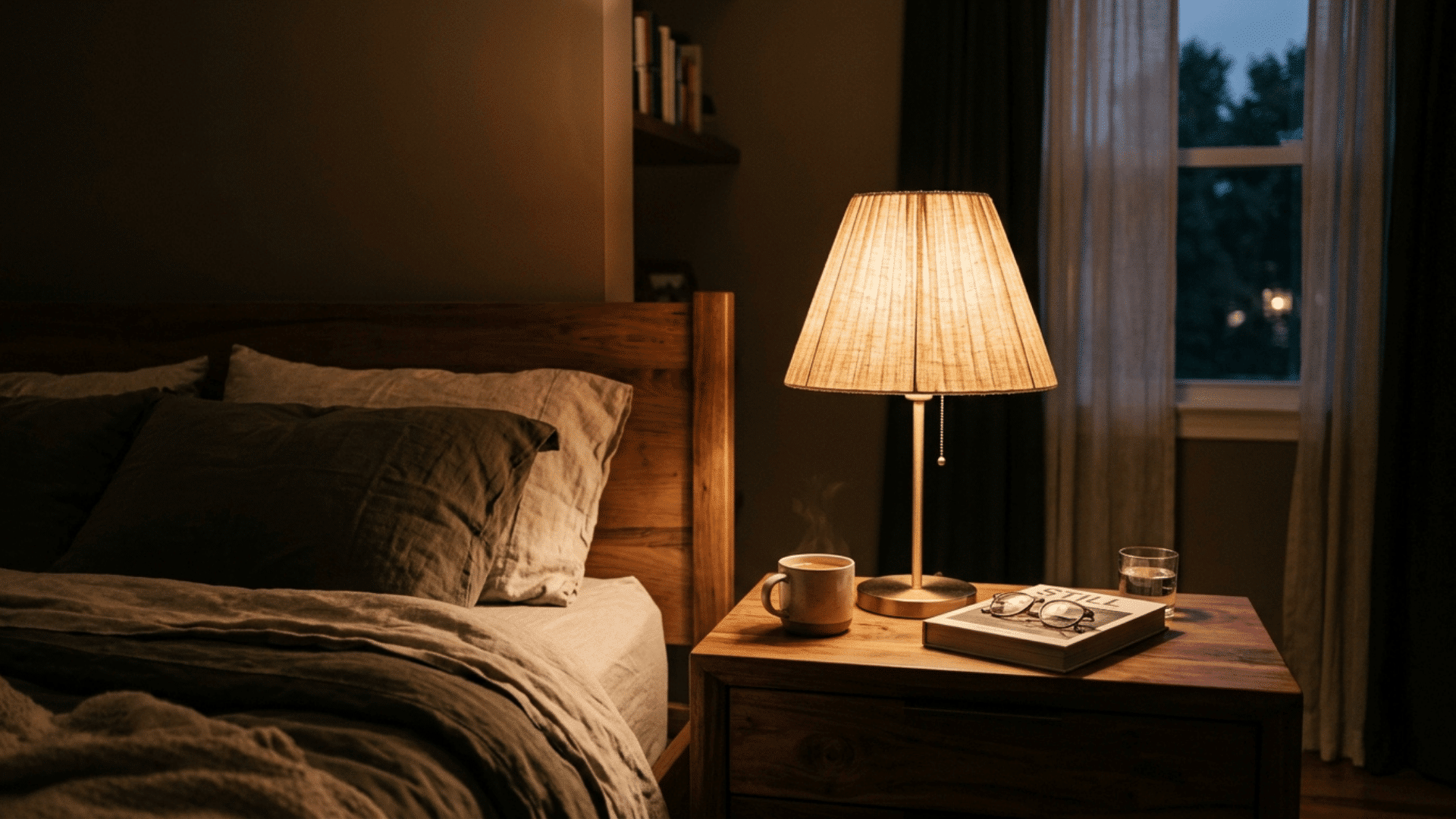 warm bedside lamp glowing softly on a wooden nightstand in a dim cozy bedroom