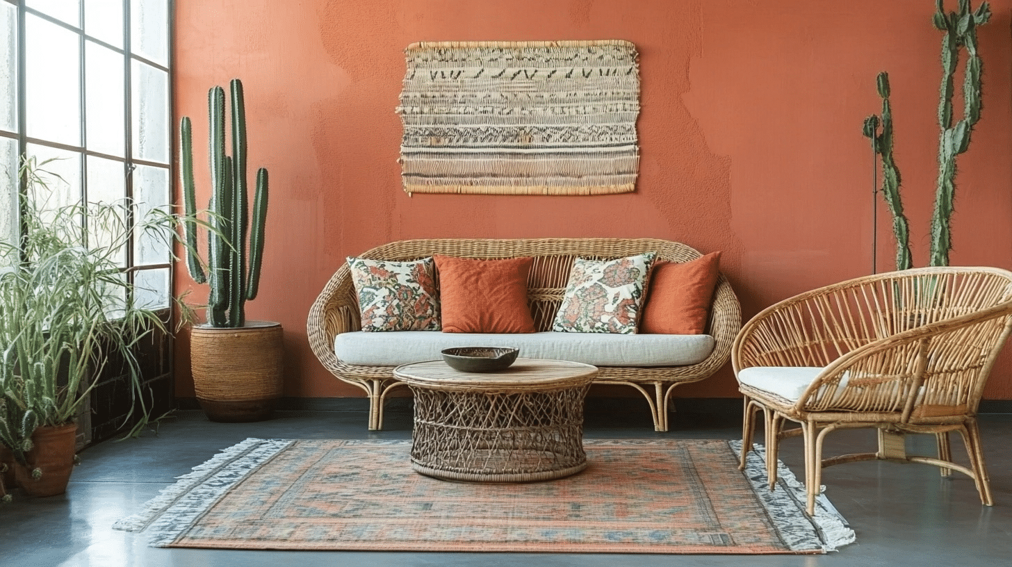 a bohemian living room features rattan furniture, tall cacti, and a terracotta accent wall