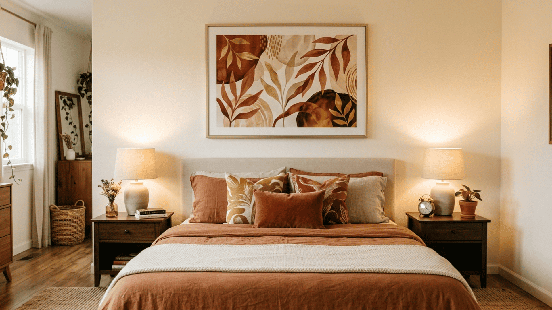 warm toned botanical artwork hanging above a bed styled with rust and cream pillows