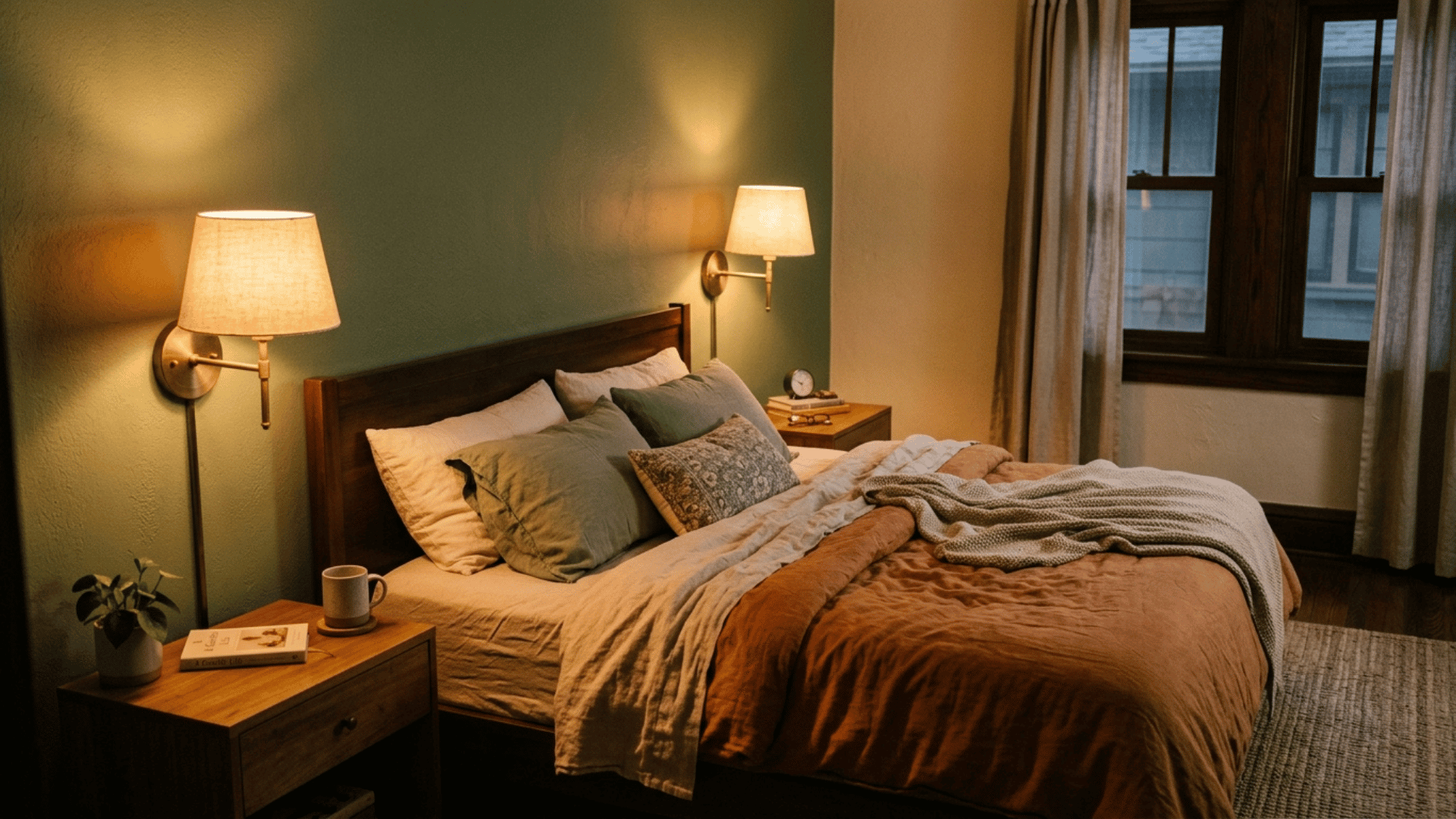 warm glowing wall sconces beside a bed in a cozy green toned evening bedroom