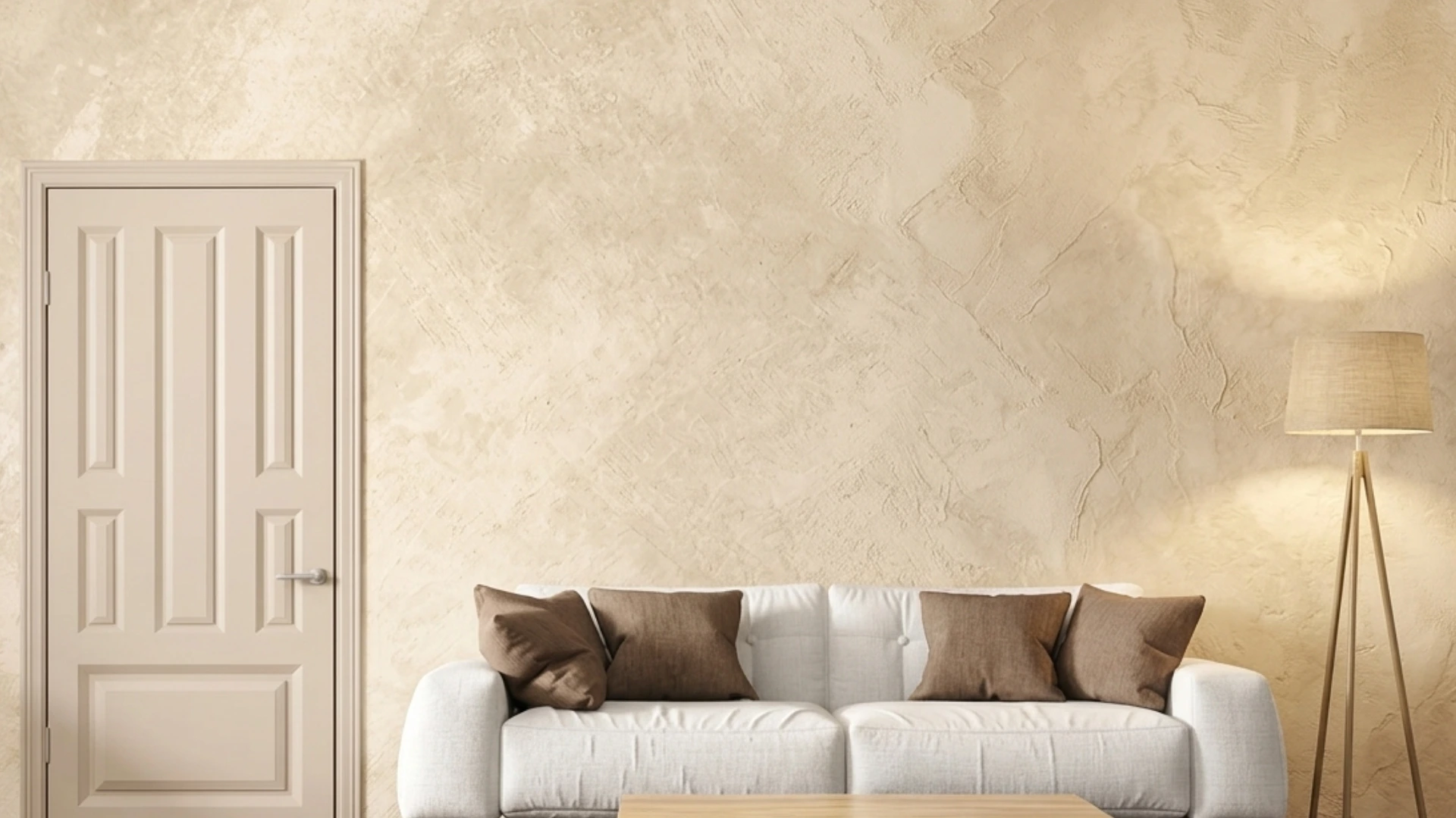 A beige paneled door stands next to a white sofa with brown throw pillows in front of a textured beige wall and a floor lamp.