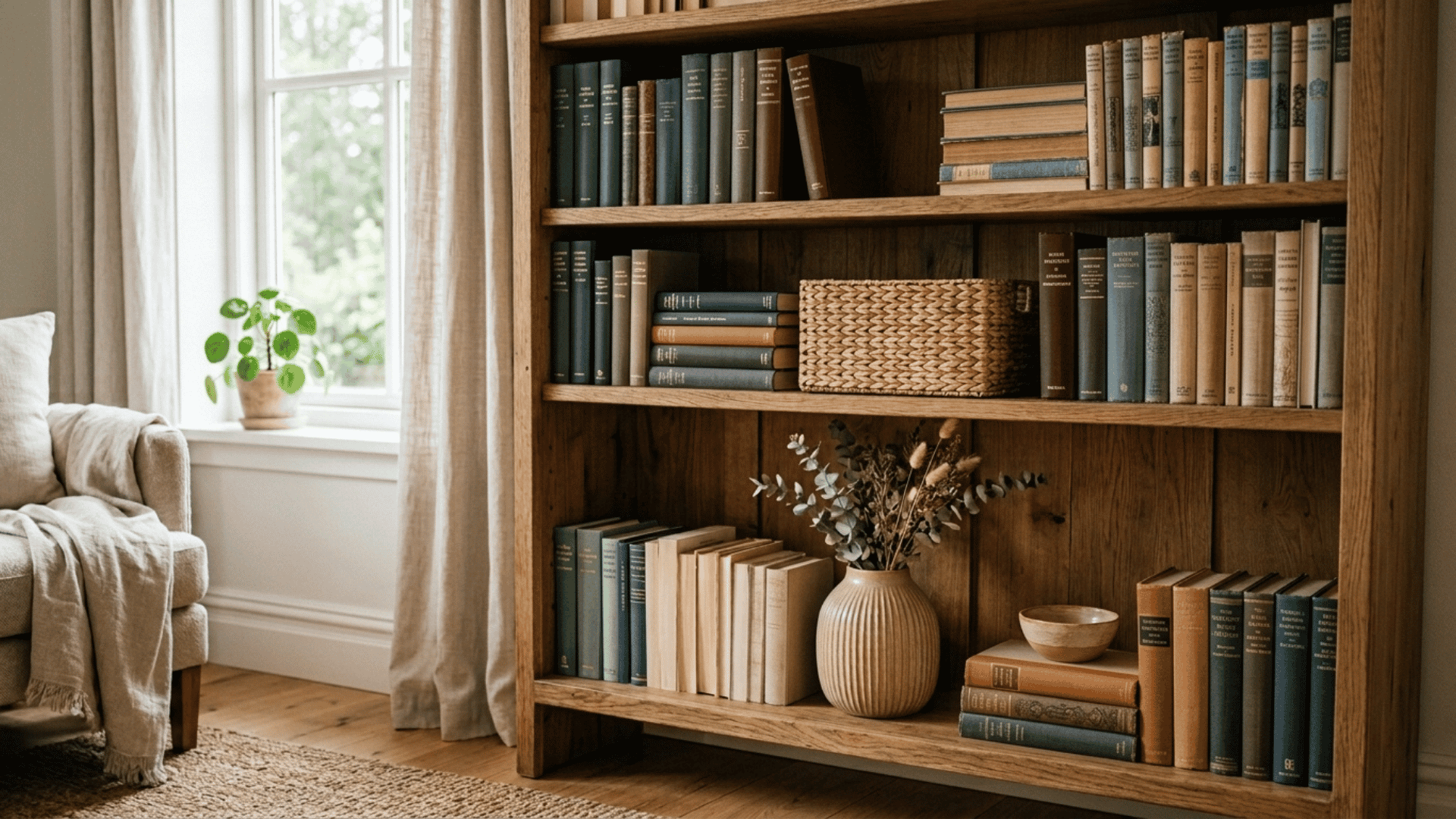 wooden bookshelf styled with neutral toned books a woven basket and ceramic vase