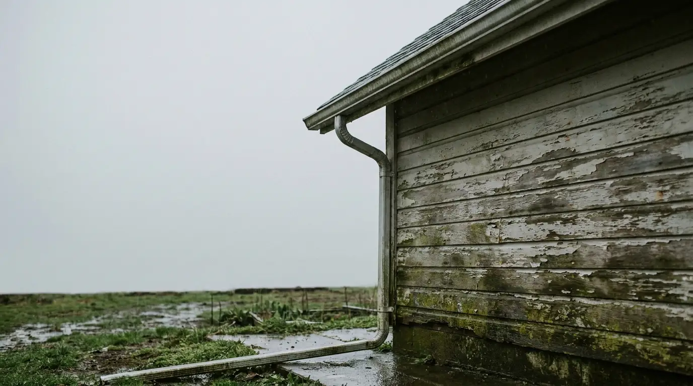 Weathered wooden shed with peeling paint and gutter in overcast outdoor setting