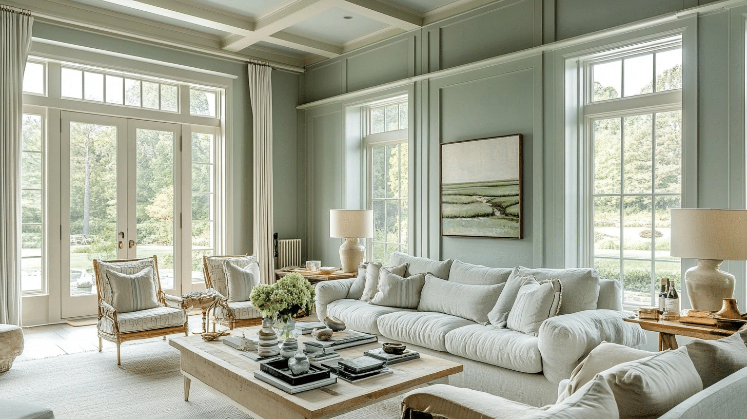 Sunlit living room with saybrook sage walls, white sofas, tall windows, plus wood coffee table.