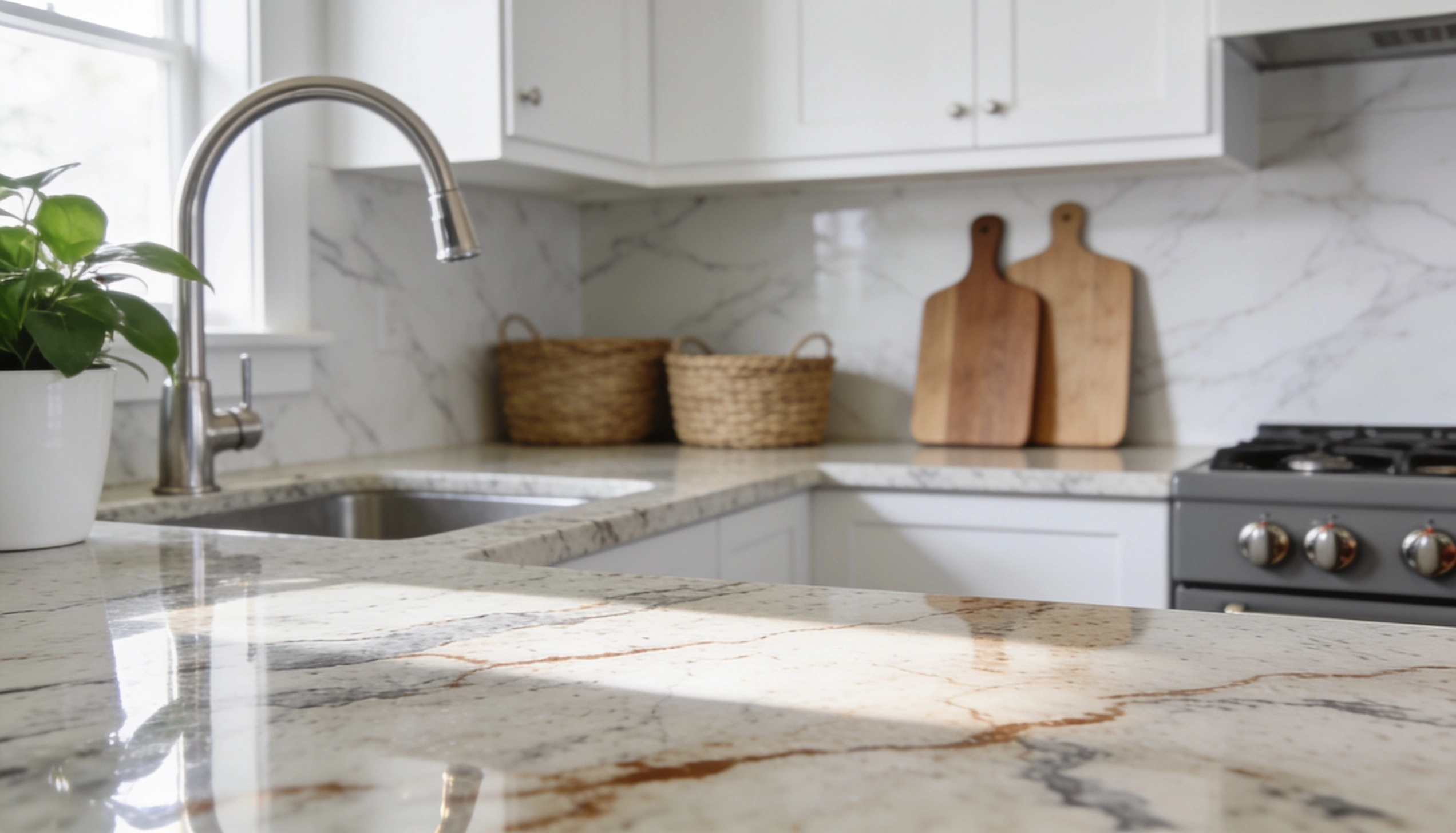Dolomite countertop on a kitchen island with soft veining and a light color