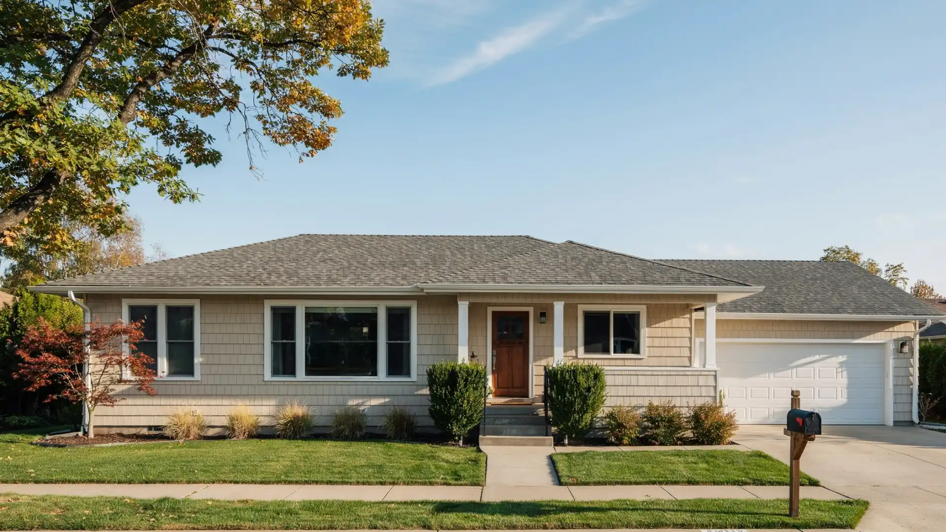 A single-story home with a light gray roof white trim a wooden front door and a white garage door sits under a blue sky