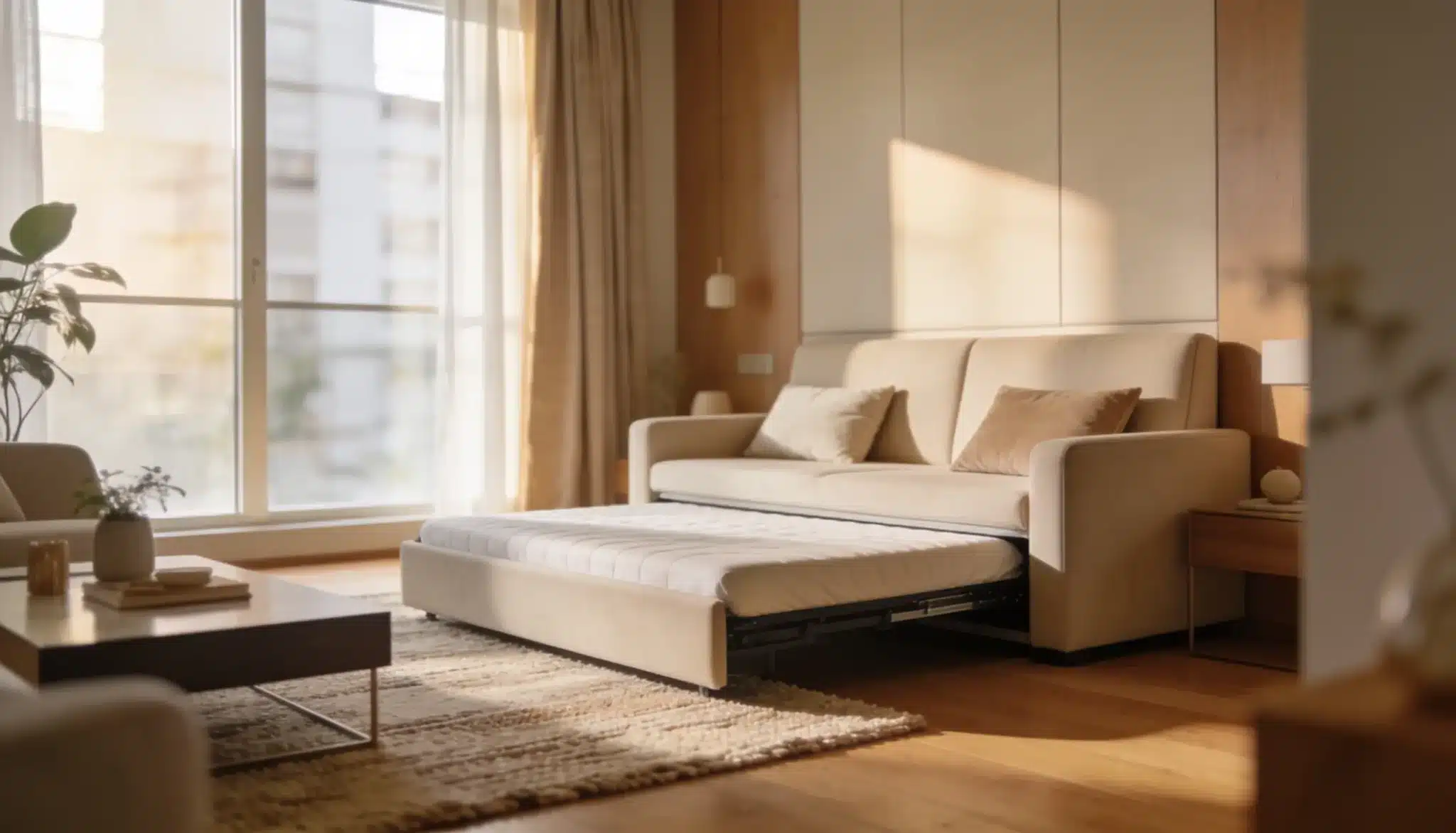 modern sleeper sofa partially opened into a bed in a stylish living room