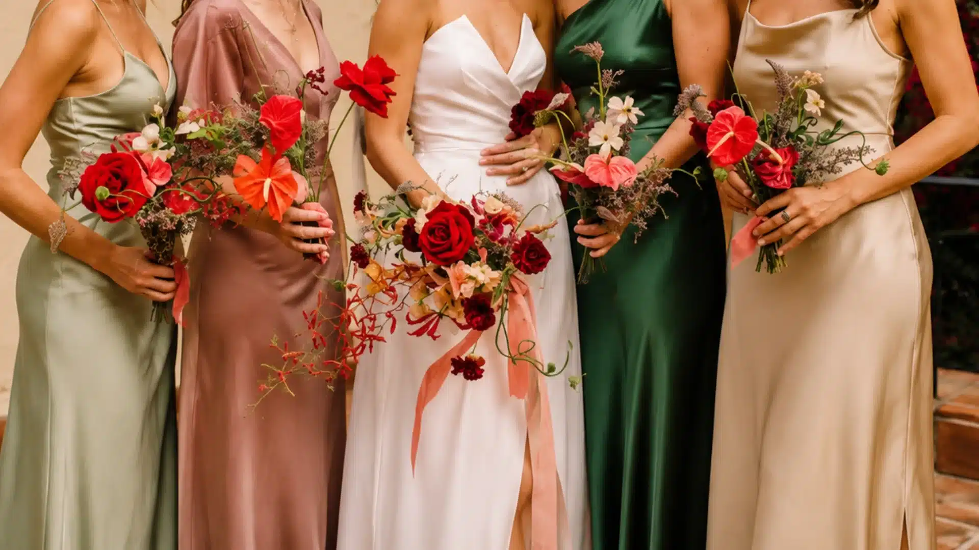Bride and bridesmaids holding colorful wedding bouquets with red and pink flowers.