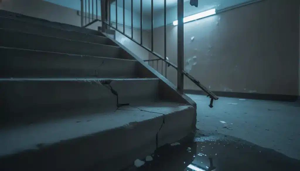 Cracked concrete stairs in dimly lit indoor space with metal handrail and puddle of water