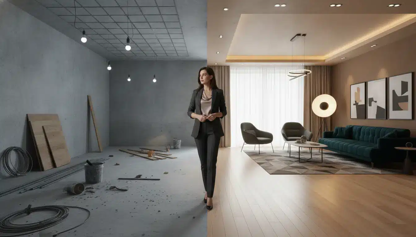 Woman in business attire standing between unfinished construction and modern living room