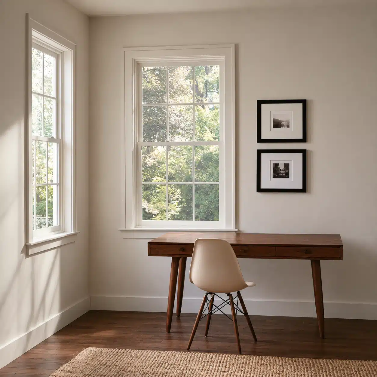 modern wooden desk with a chair, home office corner, by natural light from framed windows with green trees visible outside
