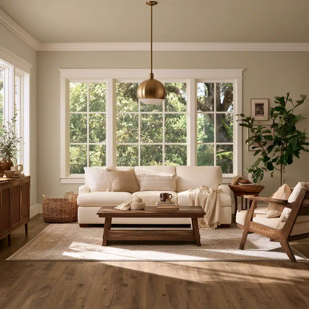 living room featuring a sofa, armchair, a wooden coffee table, and gridded windows, wooden flooring, and a jute rug
