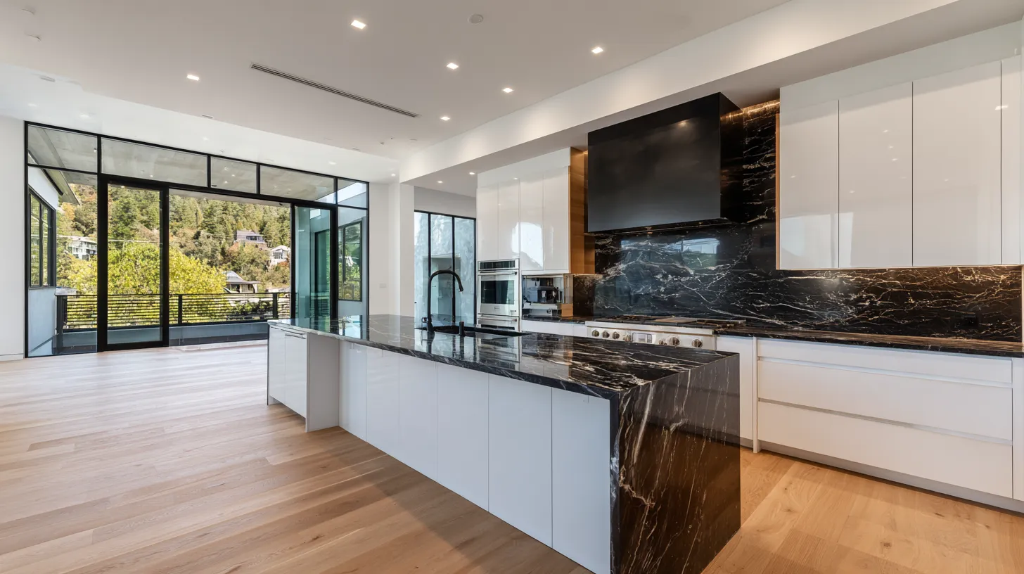 Modern kitchen with white cabinets, black marble countertops and backsplash, a waterfall island, and floor-to-ceiling windows that fill the space with natural light.