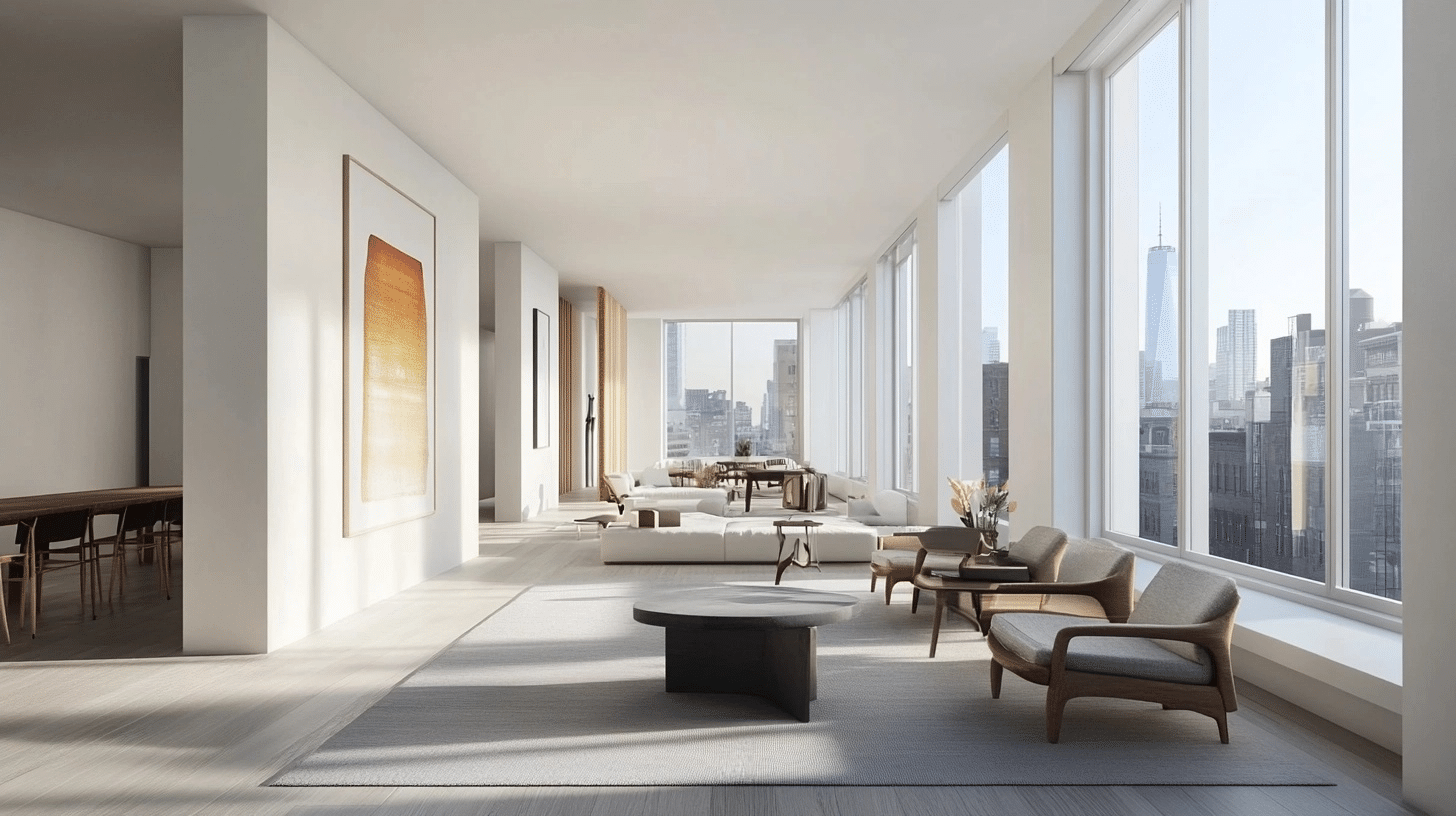 bright modern living room with white walls, large windows, and neutral decor creating an airy interior