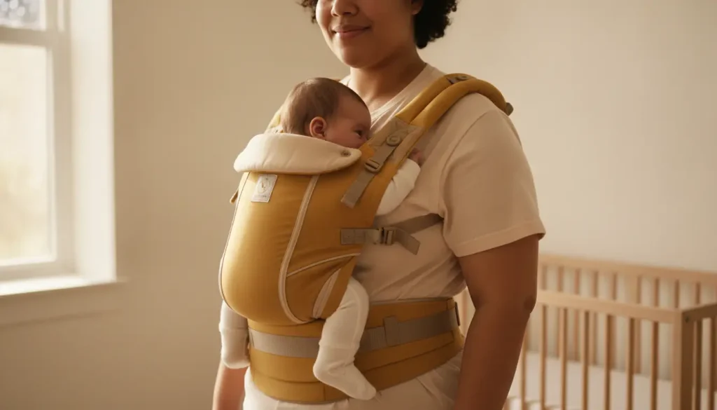 Adult wearing a mustard baby carrier holding a sleeping infant in a softly lit nursery