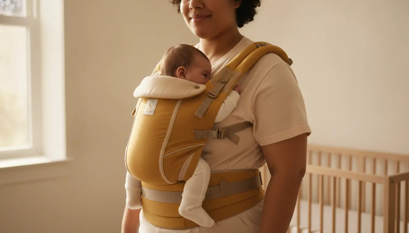 Adult wearing a mustard baby carrier holding a sleeping infant in a softly lit nursery