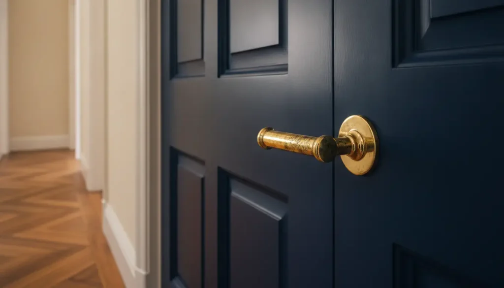 Dark blue door with brass handle in a hallway featuring oak herringbone flooring