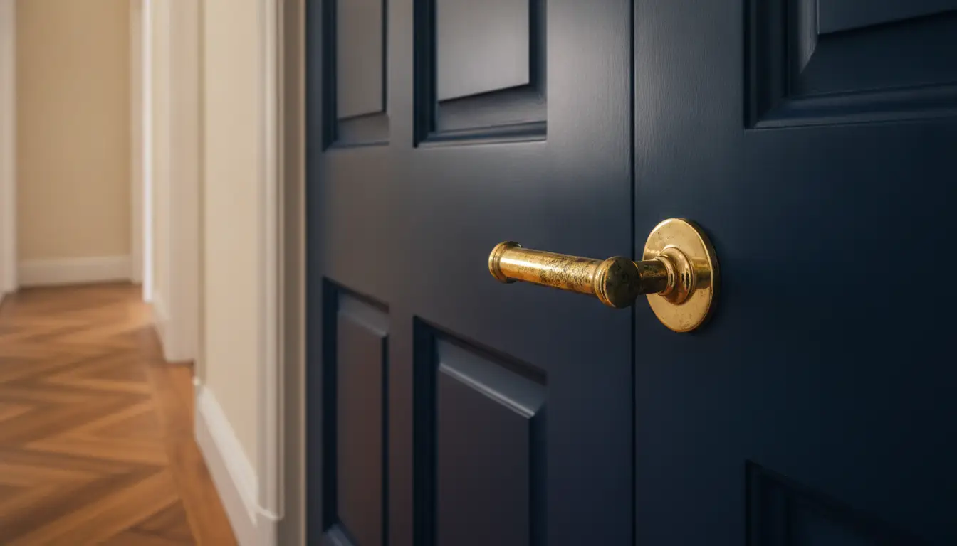 Dark blue door with brass handle in a hallway featuring oak herringbone flooring