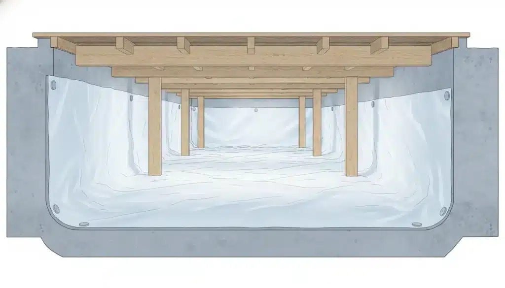 Wooden floor joists over insulated crawl space with plastic lining and concrete walls