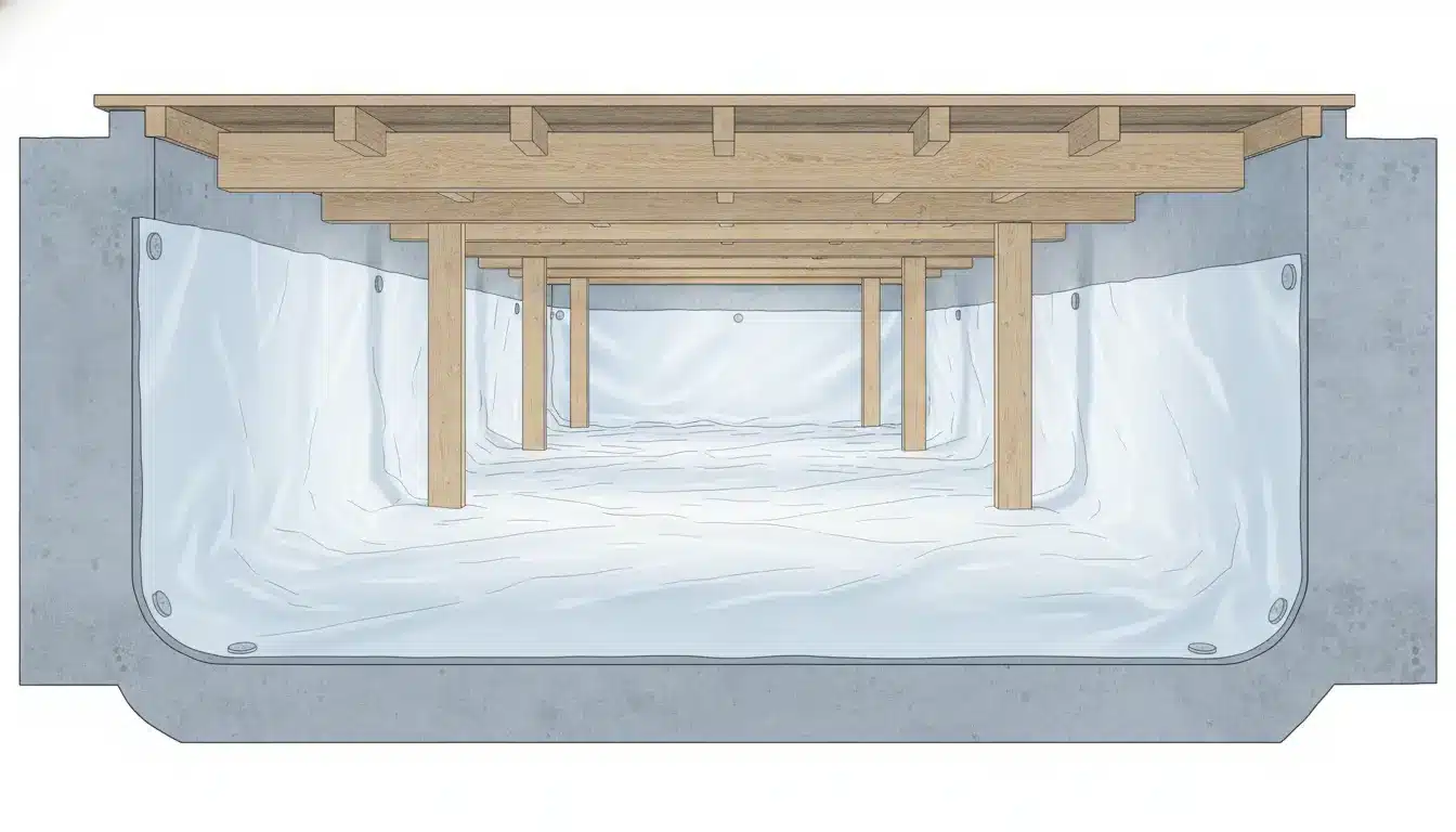 Wooden floor joists over insulated crawl space with plastic lining and concrete walls