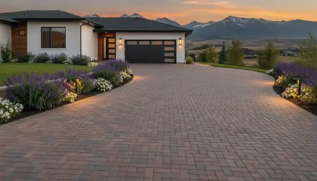 Modern house with manicured garden and mountain view at sunset, featuring paved driveway and outdoor lighting