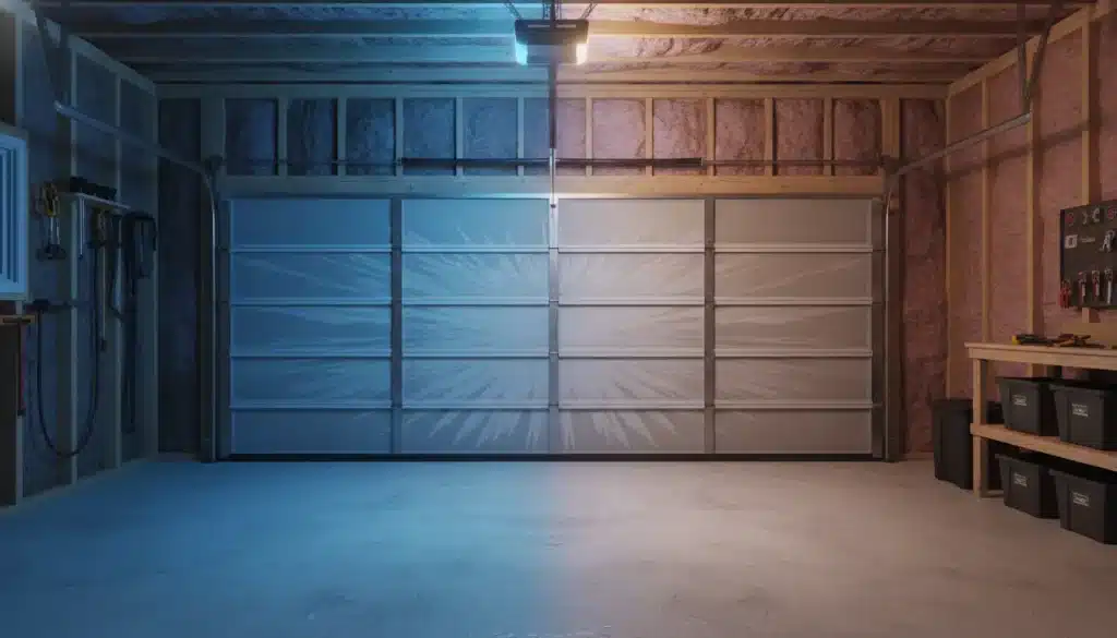 Garage interior with closed door, tools on wall, and storage bins on wooden shelves