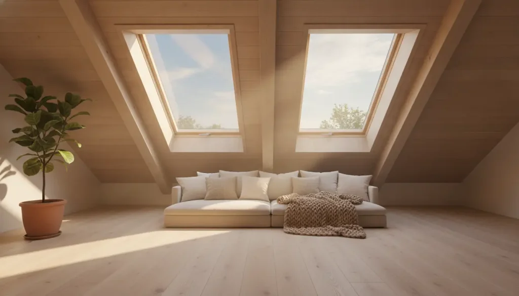 Cozy attic living space with beige sofa under skylights and potted plant nearby