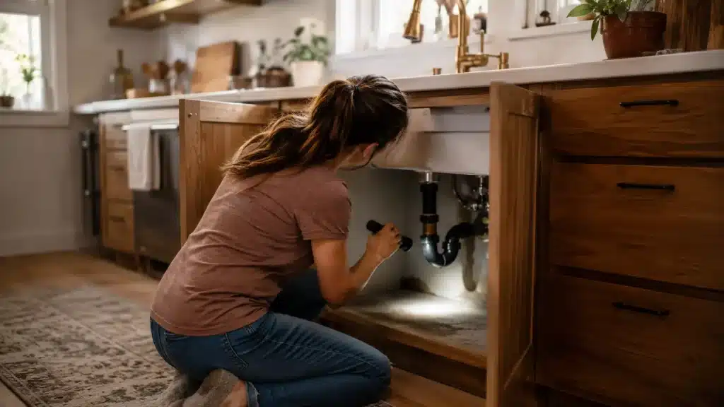 Person inspecting under-sink plumbing with flashlight in a warm-toned kitchen