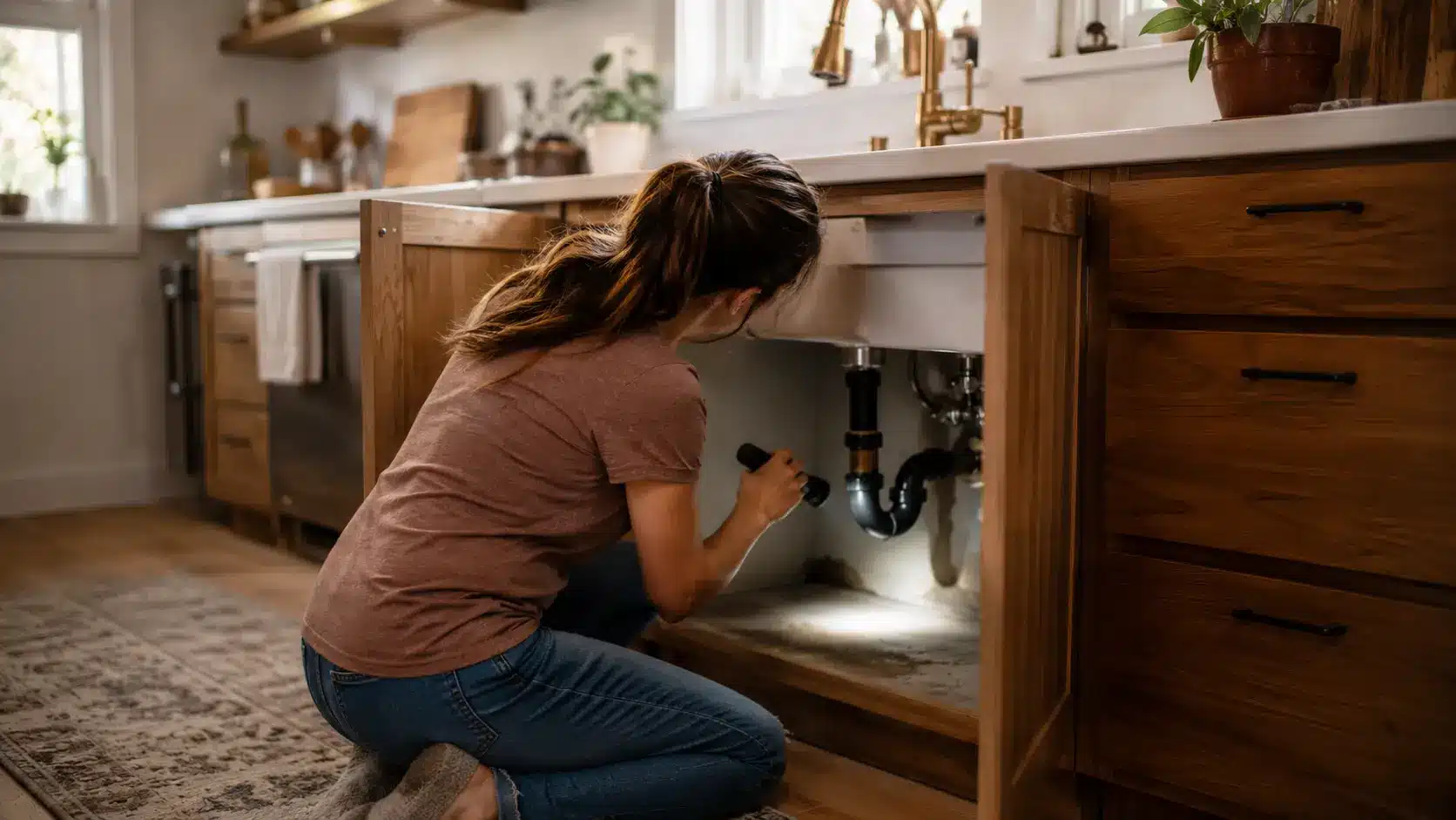 Person inspecting under-sink plumbing with flashlight in a warm-toned kitchen