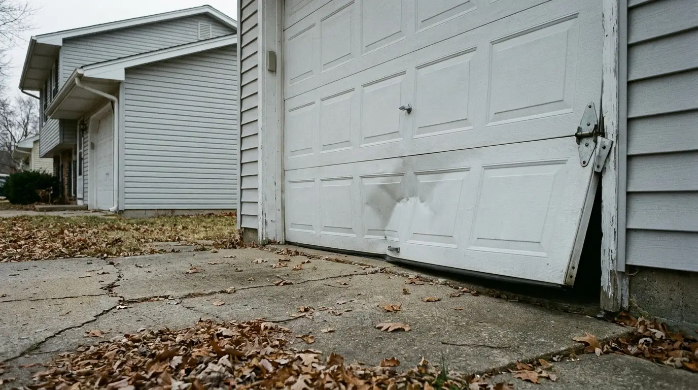 Damaged white garage door slightly ajar with fallen leaves on cracked concrete driveway