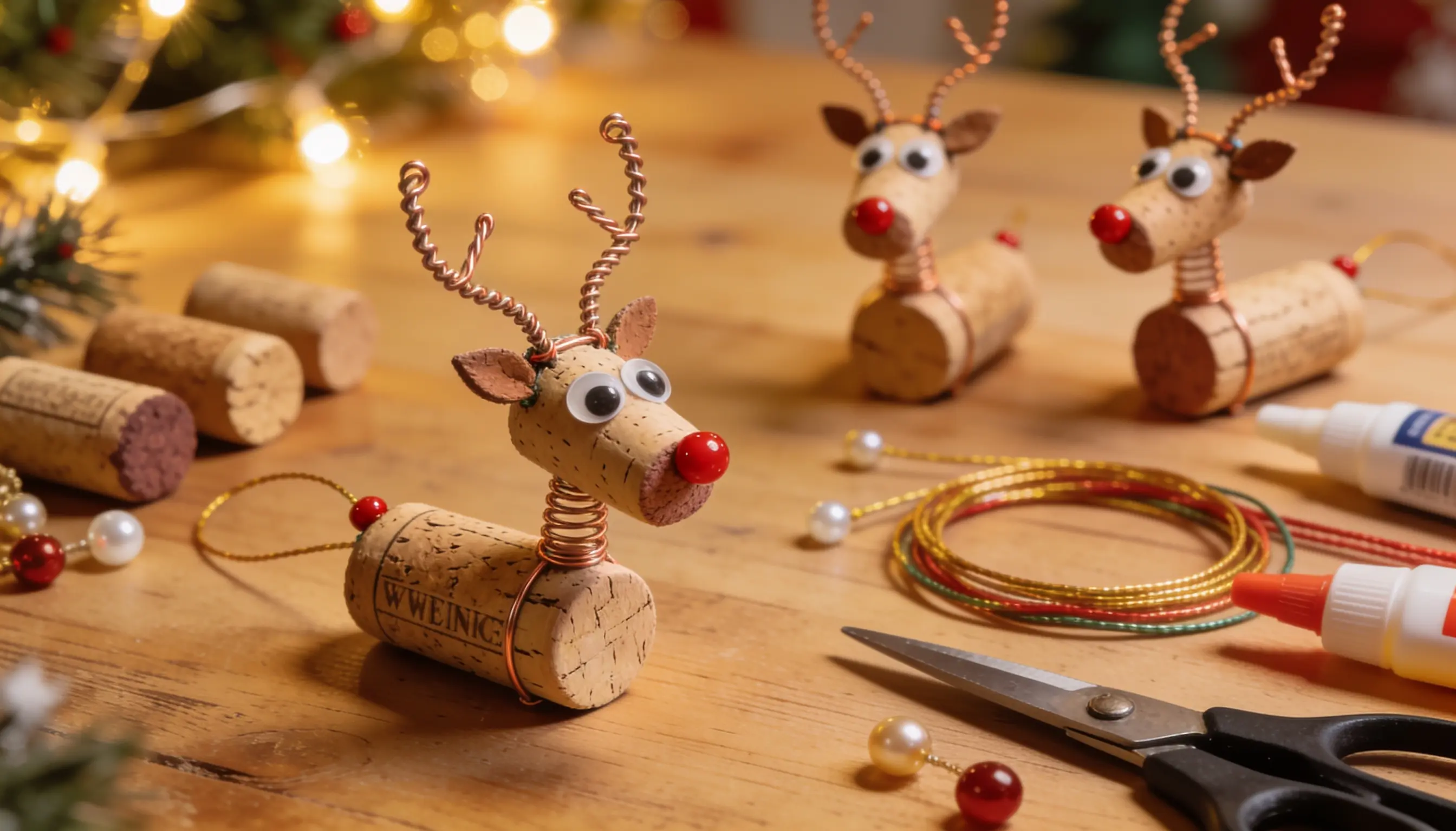 Craft supplies, including wine corks, googly eyes, copper wire, scissors, and glue, are laid out on a wooden table next to finished DIY reindeer decorations.