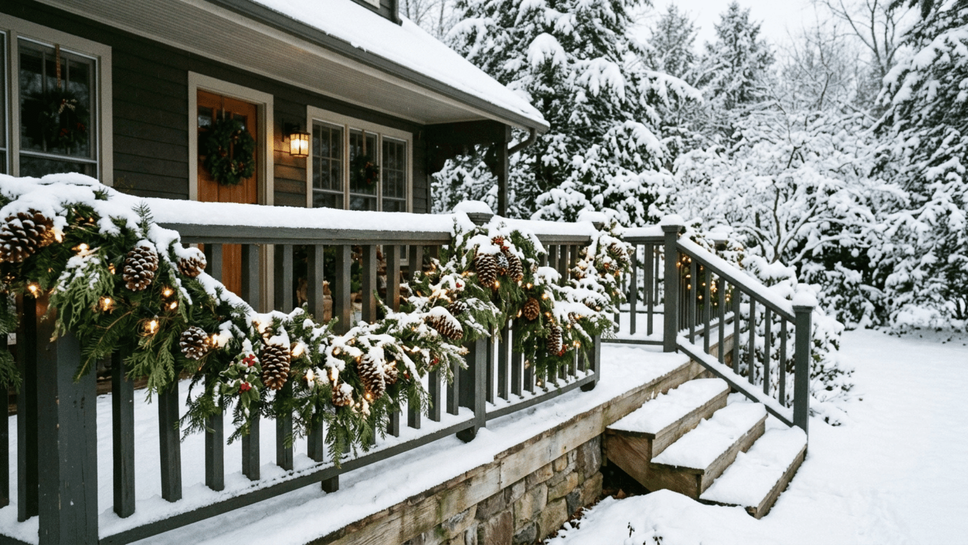 evergreen garland with pinecones and warm lights