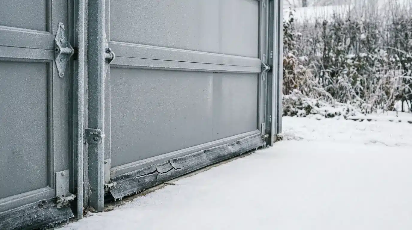 Frost-covered metal garage door surrounded by snowy ground and bushes