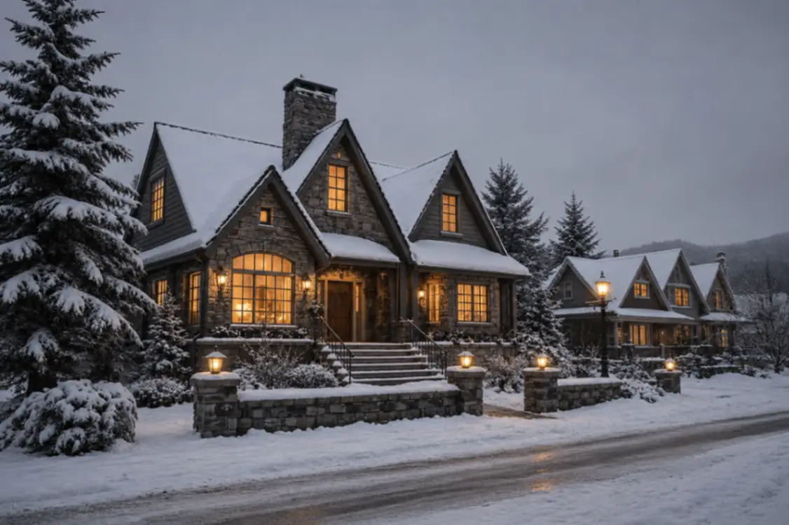Snow-covered stone cottage with warm glowing windows and snow-laden trees at dusk
