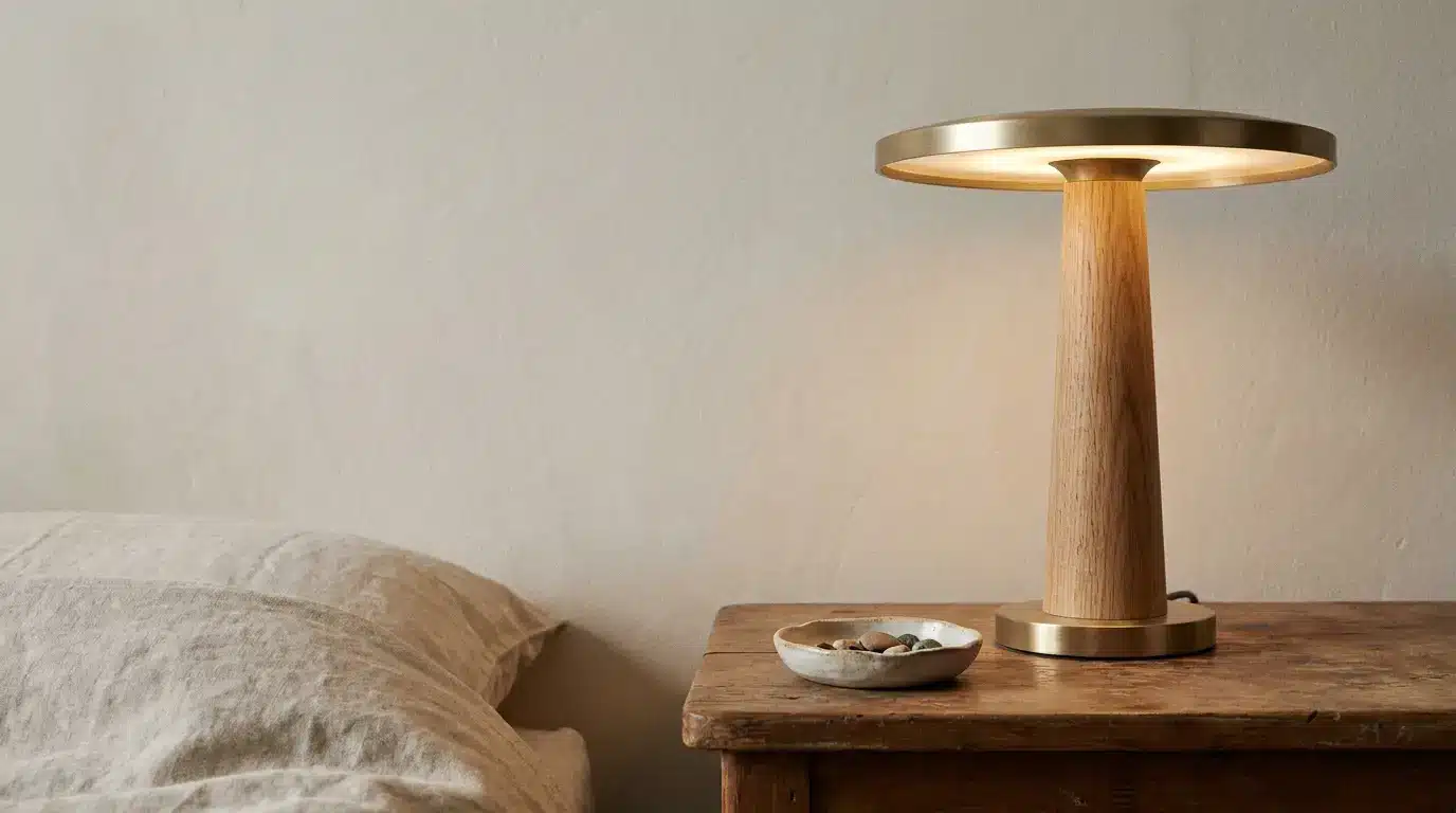 Wooden bedside table with brass lamp and small ceramic dish in cozy bedroom setting