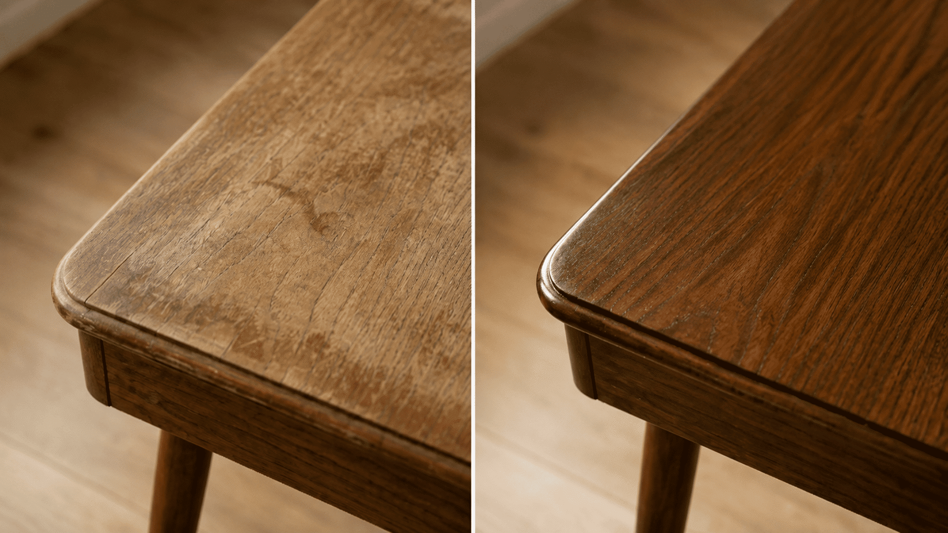 before and after view of a wooden table showing a dull surface restored with a polished finish