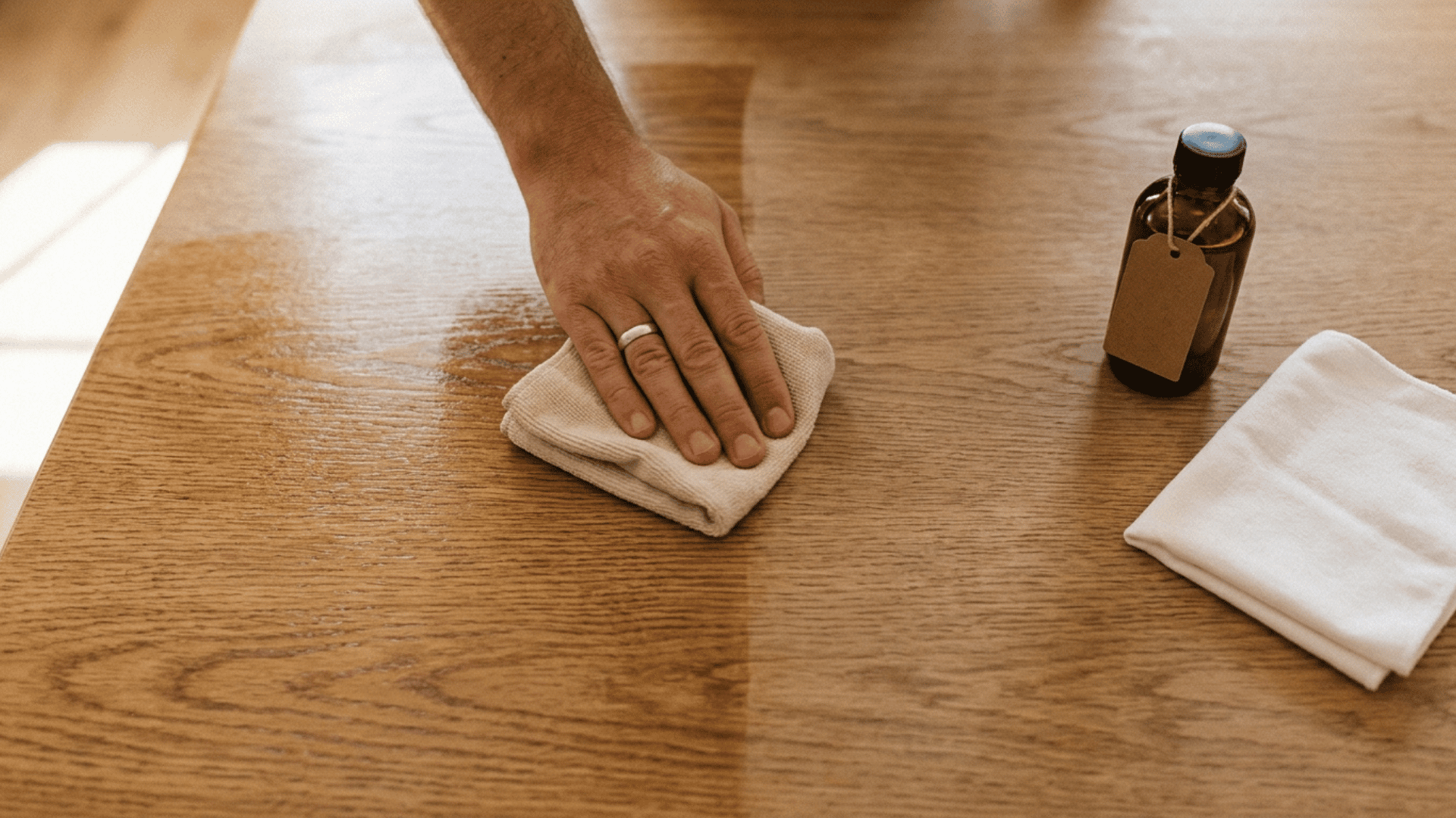 hand polishing wood furniture showing a shiny buffed side next to a dull unpolished side