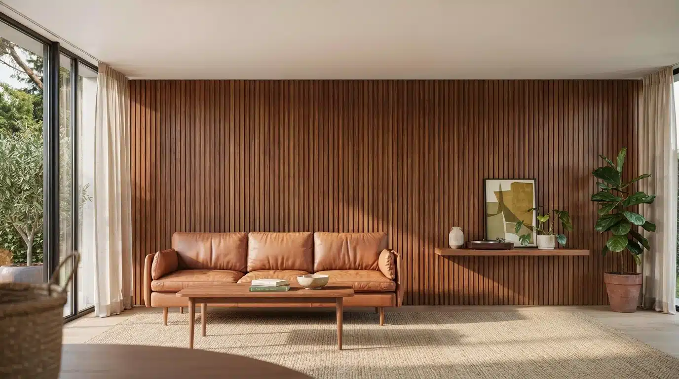 A living room featuring wooden slat walls and a modern leather couch, creating a warm and inviting atmosphere.