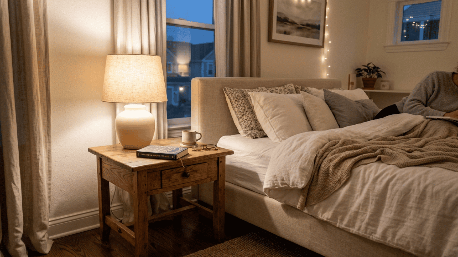 wooden side table holding a warm glowing lamp and book beside a cozy bed