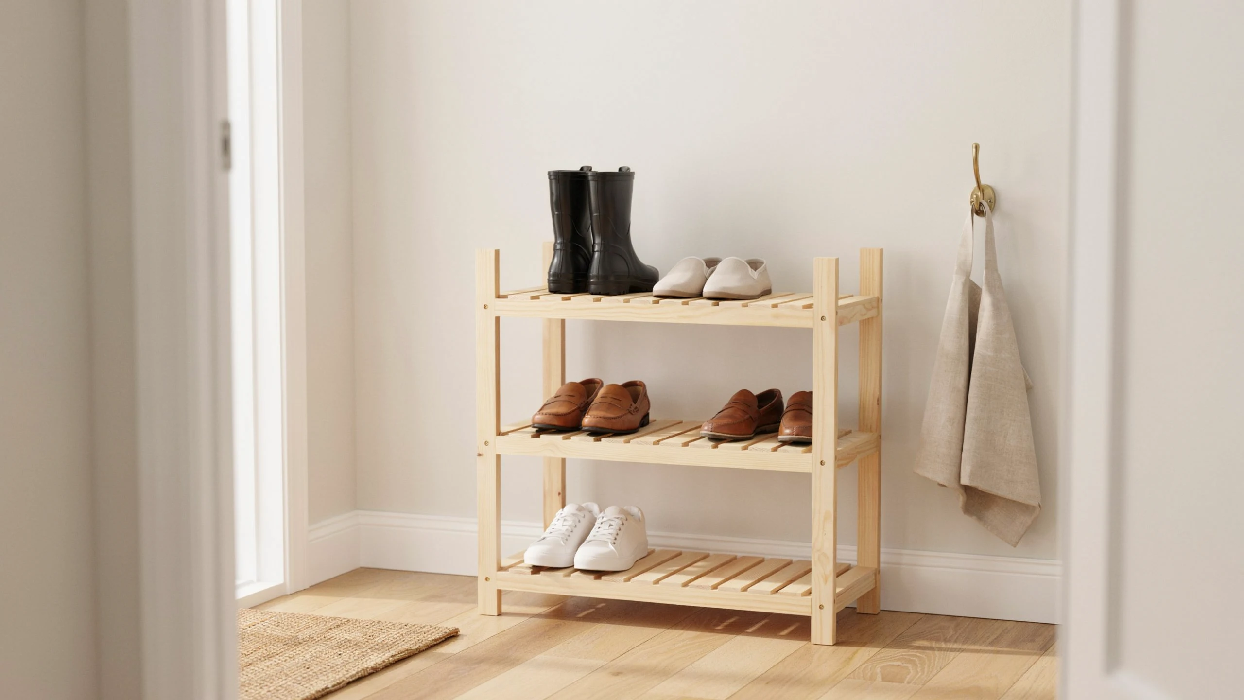 Wooden shoe rack with boots, loafers, and sneakers on shelves beside a hanging towel.