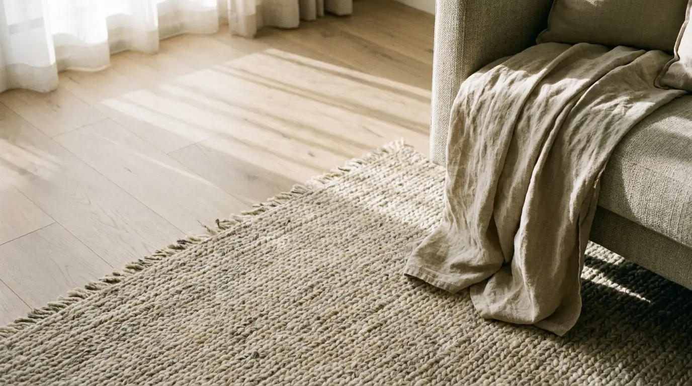 Natural jute rug on wooden floor with beige blanket draped over sofa