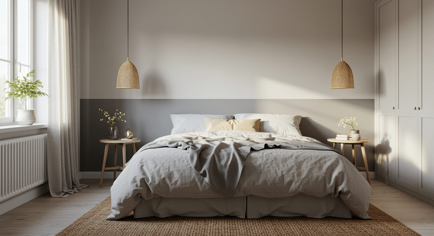 Minimalist bedroom with a large bed, woven pendant lights, and two-tone painted walls.