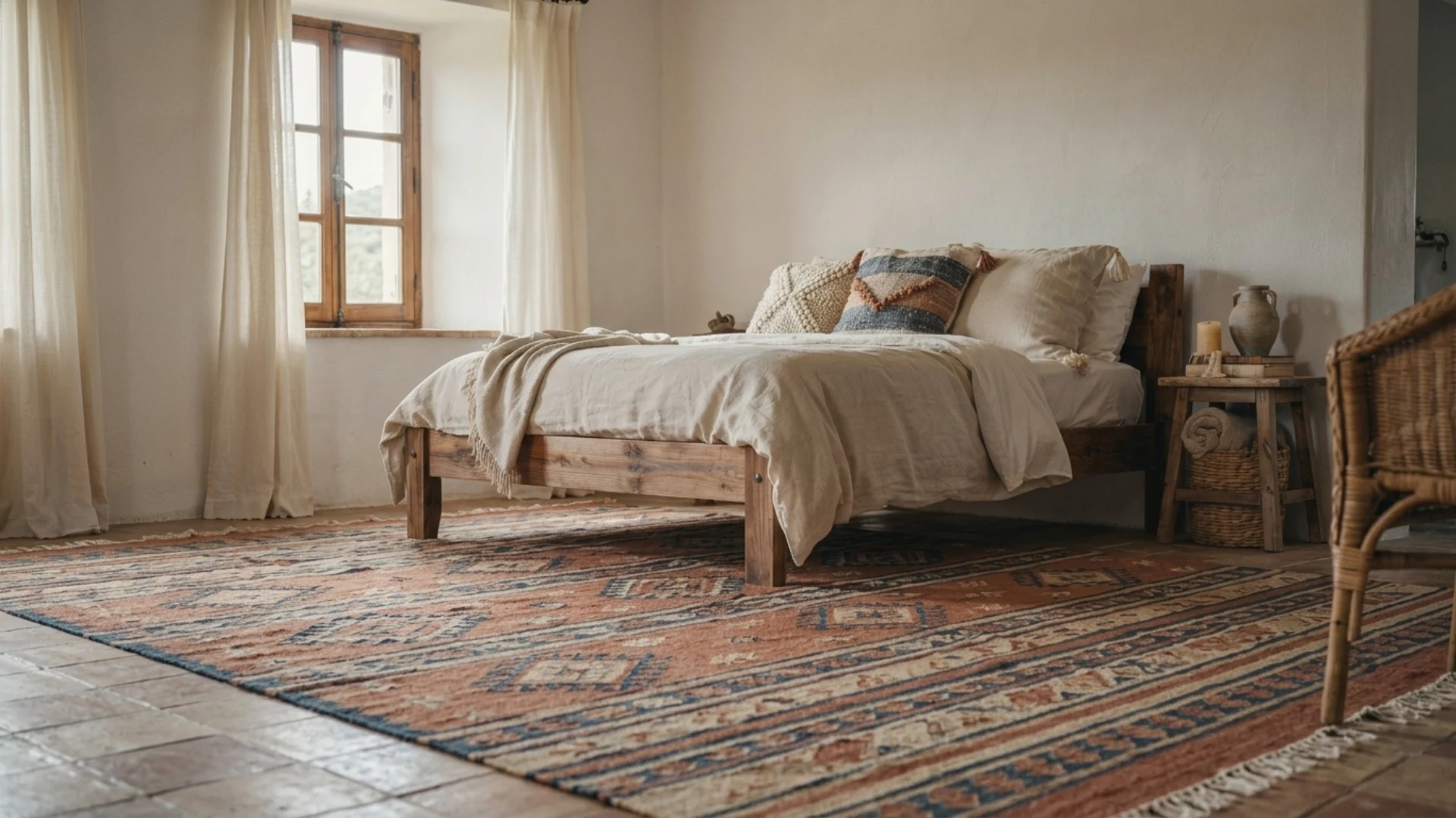 Rustic bedroom with a wooden bed, neutral bedding, patterned rug, and a woven chair.