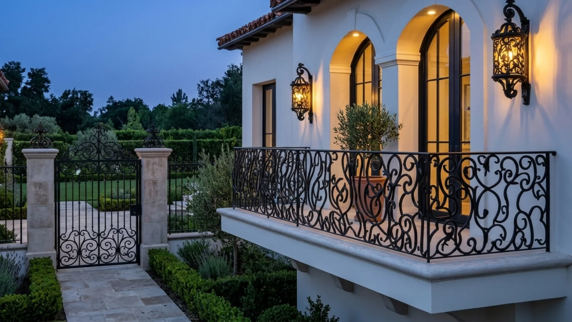 Ornate black iron gate and balcony railings adorn a Mediterranean-style villa with arched windows and decorative outdoor lanterns.